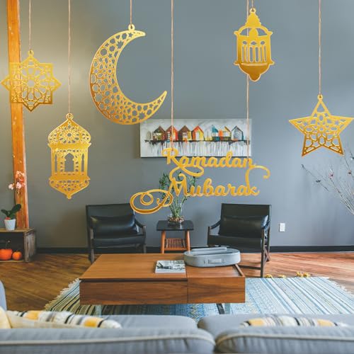 6pcs Ramadan Ornaments, Acrylic Ramadan Kareem Decoration Eid Mubarak Pendant Wind Light Moon Star Shaped Ramadan Decor for Hanging on Walls Windows Trees (Golden)