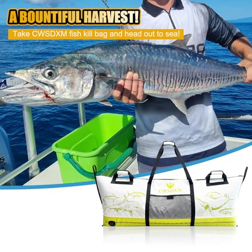 Insulated Fish Cooler Bag, 60'' Waterproof Leakproof Fishing Kill Bag with Drain Valve, Zipper and Heavy Duty PVC Marine Cooler for Boat Kayak Offshore Fishing, Keeps Fish Fresh Up to 48H - color: Green+White