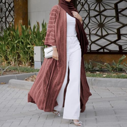 Womens Muslim Kimono Abaya Solid Striped Retro Ethnic Cardigan Robe Dubai Middle Eastern Saudi Arabia Eid Clothes - color: Brick Red Long Cardigan, size: Medium