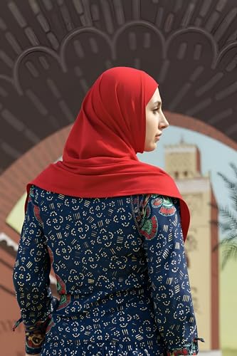 SARJANA Women's Solid Color Cotton Hijab with Under Scarf Cap Ready to Wear Stretch Scarves Long Scarfs FREE SIZE - color: Red