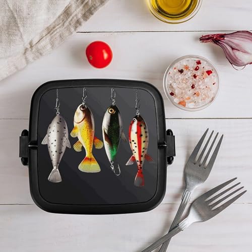 Various Type of Fishing Baits Lunch Box Snack Containers with Lids, 2 Compartment Snackle Box Container, Leak-Proof Reusable Food Storage Container for Travel, Meal Prep, Camping, 1000ml
