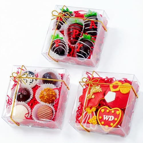 RomanticBaking 15PCS 5x5x2 Inches Full Clear Chocolate Covered Strawberries Boxes Cookies Boxes Mini Bundt Cake Pie Cinnamon Roll Treat Boxes Chocolate Truffle Box Party Wedding Favor - size: 5"X5X2"