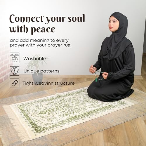 Velvet Muslim Prayer Rug Set with 99 Beads - Green - color: Green