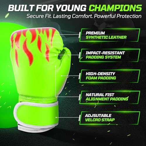 Flexzion Boxing Gloves for Kids 4oz – Training Punching Bag Mitts, Kid Boxing Gloves with Faux Leather & Wrap-Around Wrist Protection for Boys & Girls Ages 3-8 Years - color: Green Blaze