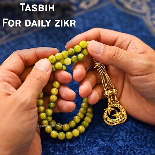 Amazing Gemstone Crystal Tasbeeh with Moon and Star Charm - Certified Crystal Muslim Prayer Beads Natural Gemstone Tasbih Gift for Ramadan Dhikr and Daily Namaz (G) - color: Green Jade