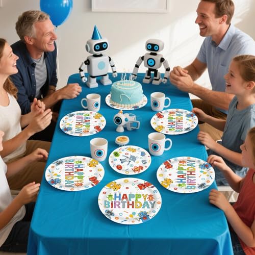 Grencian 96Pcs Robot Birthday Party Supplies Robot Themed Plates and Napkins Disposable Tableware Set for Boys Kids Birthday Party Baby Shower Decorations Serves 24 - style: Robot Theme Birthday Party Tableware Set