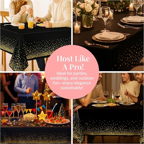 Prestee 12-Pack Black and Gold Dots Disposable Tablecloths – 108x54 Inch Waterproof Plastic Table Covers – Elegant, Heavy-Duty Party Tablecloths for Weddings, Birthdays, Holidays, and Events - color: Black/Gold, size: Rectangle (12 Pack)