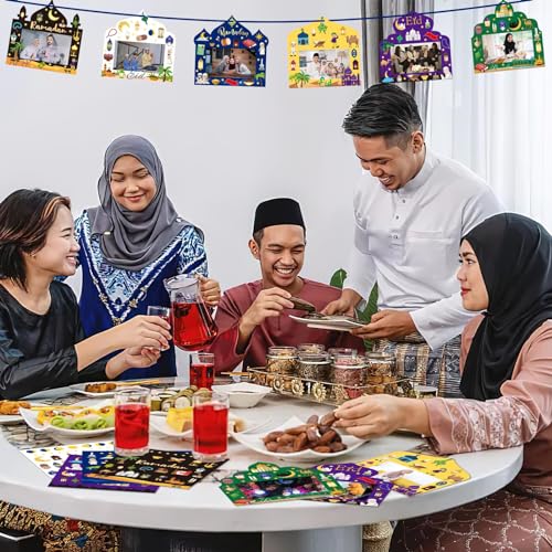 NOVWANG 30 Pack Ramadan DIY Picture Frame, Mosque Picture Frame Craft Hanging Ornaments with 30 Sheets Eid Mubarak Stickers for Eid Al Fitr Party Class Activities - color: Multicolour - Eid Style