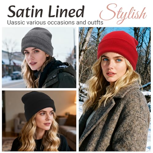 PFFY Satin Lined Beanie for Women Winter Hats Warm Reduce Frizz - color: Grey