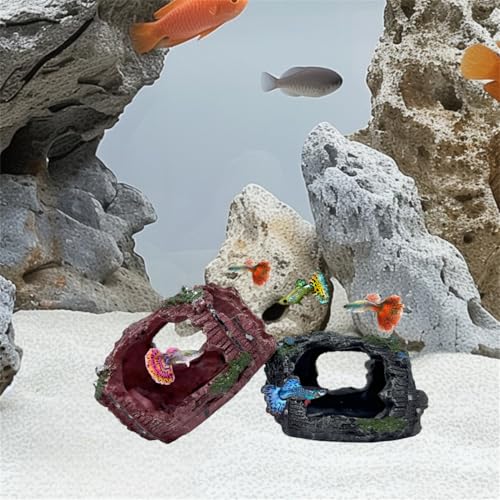 2 Pack Aquarium Broken Barrel Decor, Cichlids Guppy Small Fish Betta Shrimp Hide Caves Playground, Hideouts for Small Fish Breed Spawn Shelter (2 Pack)