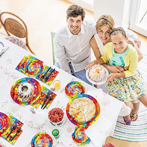96 PCS 60’s Party Hippie Tableware Set Groovy Plates Napkins 60s Hippie Themed Decorations Peace Love Tie Dye Style 70s Disposable Paper Tableware Birthday Party Supplies Favor for 24 Guests - style: 60s Hippie
