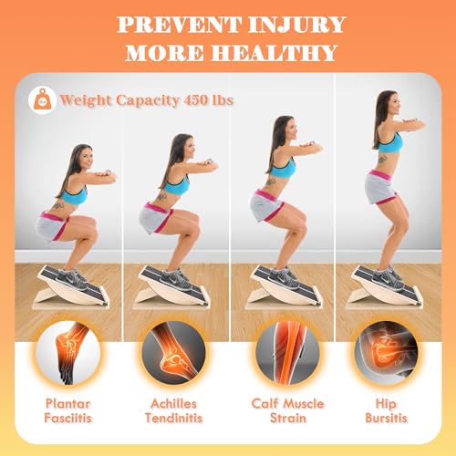 MUCITAGF Professional 2-in-1 Wooden Balance Board & Slant Board, 3 Angle | Adjustable Incline Board and Calf Stretcher, Stretch Board for Knees Ankle Heel Feet Leg, Anti-Slip, 450 lbs Capacity