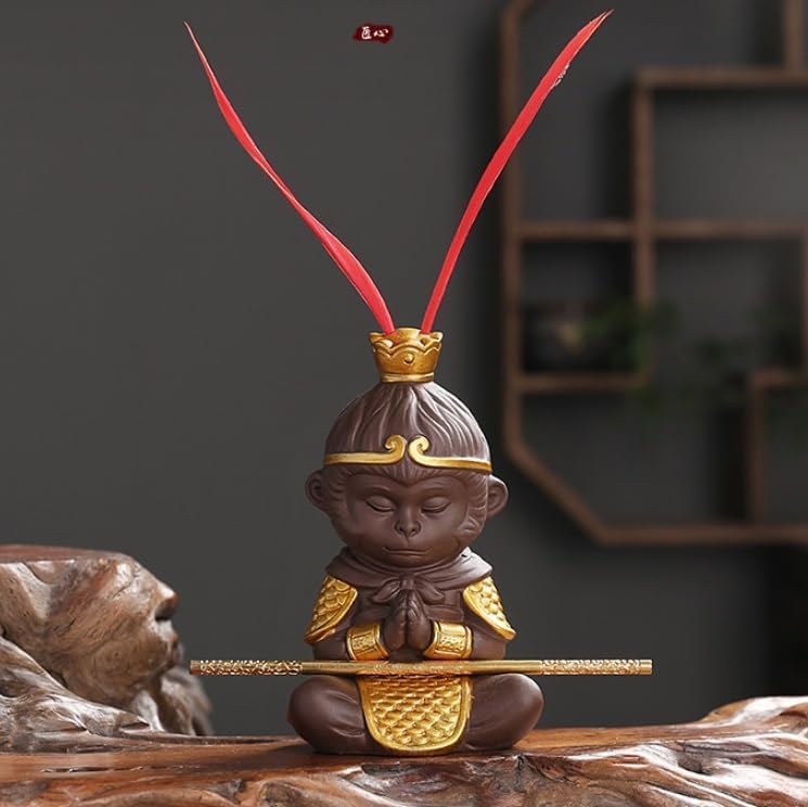 Handmade 4.6" Monkey King Statue Sun Wukong Buddha Zen Monk Figure Chinese zisha Purple Clay Sculpture with Golden Cudgel, Collectible Purple Sand Tea Pet fish tank Home Car Decor Tea Tray