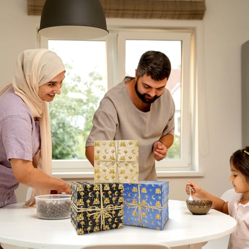 FYSUIMU 12 Sheets Eid Mubarak Wrapping Paper -Not Roll- 6 Colors Gift Wrap Paper Folded Flat Gold Mosque Moon Star Craft Paper for Ramadan Muslim Party Supplies, 19.7 x 27.6 Inch