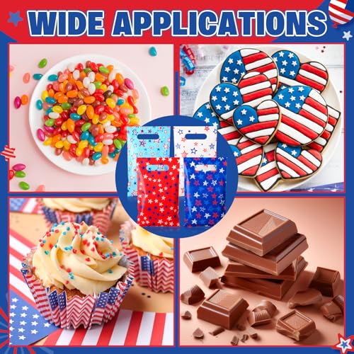 Geyoga 100 Pcs Patriotic Party Favor Bags Bulk 10 x 6 4th of July Gift Bags with Handles Red White Blue Treat Bag 250th Anniversary Plastic USA Flag Candy Bag for Independence Day Party Supplies - style: Independence Day