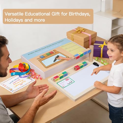Arabic Read Build Write Toy with Wooden Letter Blocks & Writing Board | Helps children recognize Arabic contextual letters, form words, and build early literacy skills.