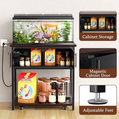 20-29 Gallon Fish Tank Stand with Power Outlet and Storage Cabinet,Aquarium Stand with Slide-Out Fish Tank Shelf,Heavy Duty Metal Frame and Waterproof Wood,31.5" L x 15.7" W 770LBS Capacity