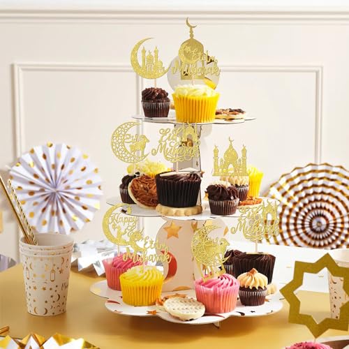 ZHUOWEISM 24 PCS Eid Mubarak Cupcake Toppers Glitter Moon Star Ramadan Kareem Happy Eid Islamic Muslim Theme Party Cake Decorations Supplies Gold - color: Design 5 Gold
