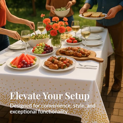 Prestee 12-Pack White and Gold Tablecloth - 54x108 Inch - Disposable Table Covers for Party, Weddings, and Holidays - Waterproof Christmas Tablecloth, Stain-Resistant Plastic Table Cover Set - color: White/Gold, size: Rectangle (12 Pack)