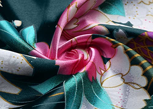 BABEYOND Women's Kimono Robe Long Satin Robes with Peacock and Blossoms Printed Kimono Nightgown - color: Black Blue, size: One Size Plus