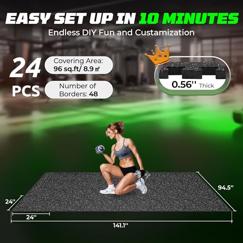 0.56" Rubber Top Gym Flooring, Heavy Duty Interlocking Gym Mats for Home Gym, Non-Slip Workout Mat, 24 x 24in Large Gym Floor Mat, Protect Floors from Weights & Equipment, 96 Sq Ft, Black/Grey - size: 24 Tiles (96 Sq Ft)