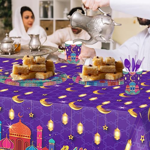 1Pc Ramadan Party Plastic Tablecloth 54 x 87 Inch Long Table Cover, House Light Purple Gold Party Tablecover for Eid Mubarak Baby Shower Birthday Dinner Picnic Kitchen Event Use - color: House Light Purple Gold Ramadan
