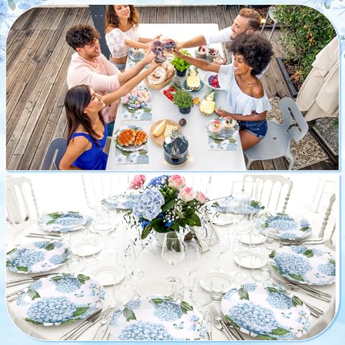 Funnymoom 96 Pieces Hydrangea Floral Tableware Set for 48 Pcs Guest Include 48 Pcs 7 Inch Dessert Plates and 48 Napkins Watercolor Disposable Dinnerware for Birthday Wedding Baby Shower Party Supplies - style: Hydrangea