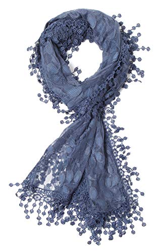 Cindy & Wendy Lightweight Soft Leaf Lace Fringe Scarf Bridal Shawl for Women - color: Navy