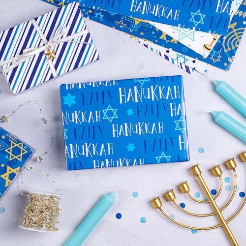 RUSPEPA Hanukkah Wrapping Paper Sheets, Star of David, Menorah, Happy Hanukkah and Stripe Design, Blue and Gold Gift Wrap for Christmas, Holiday, Birthday, 6 Folded Sheets, 19.68 X 27.5 Inch - color: Blue Hanukkah