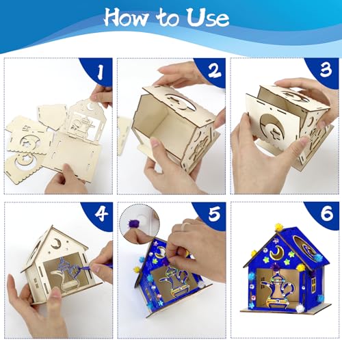 MUOUAKATE 9PCS Ramadan Crafts Wooden House with 24 Paint Pens, Ramadan Activities for aldults, Islamic DIY Ramadan Goodies for Eid Mubarak Gifts Favors Party Supplies Bulk Decorations - style: Ramadan Eid