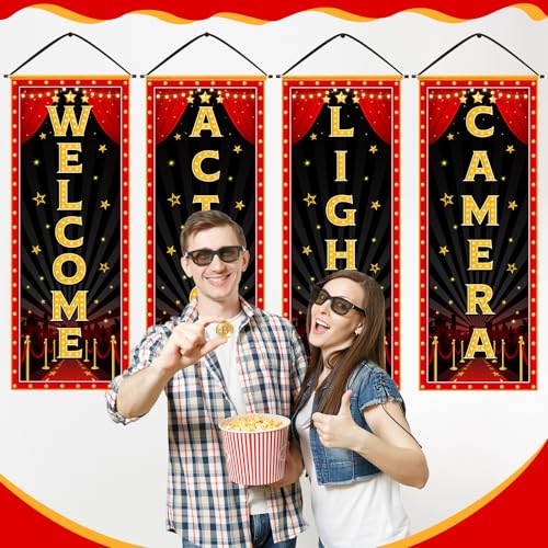 Panelee 4 Pcs Movie Night Porch Banner Movie Themed Party Decorations Theater Welcome Lights Camera Action Front Door Sign Hanging Decoration for Home Photo Film Booth Backdrop Party Supplies - style: Movie Night