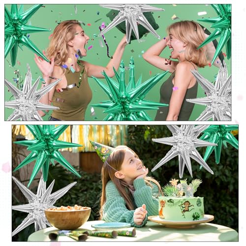 6 Pcs Silver Star Foil Balloons One-Piece 14-Pointed Star Balloon 4D Starburst Cone Mylar Balloon 22inch Christmas Birthday Wedding Wedding Anniversary Party Supplies (Silver + Green) - color: 22 Inches Silver + Green