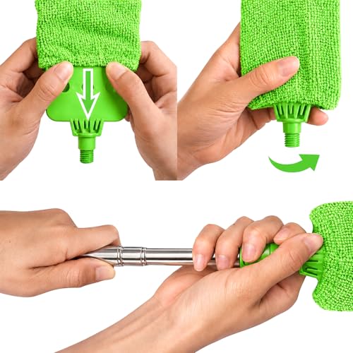 Retractable Gap Dust Cleaner with Extension Pole & 3 Microfiber Cloths | Cleaning Tools with 3 Microfiber Dusting Cloths | Long Handle Duster 30-100'' | Under Refrigerator Furniture Appliance Green - color: Green