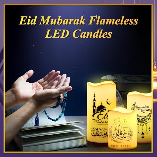 Tujoe 3 Pcs Eid Mubarak Flickering Flameless Candles Ramadan Decor Eid Mubarak LED Battery Operated Candles Candle Lights for Muslim Eid Ramadan Decor for Home(Moon) - style: Moon