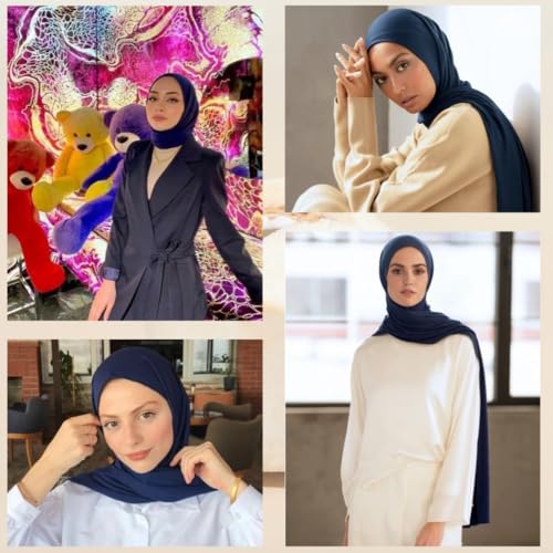 Muslin Hijab Scarf for Women Long Headscarves Solid Head Wraps Soft Pashminas Shawls - color: Navy Blue Muslim Hijab Scarf
