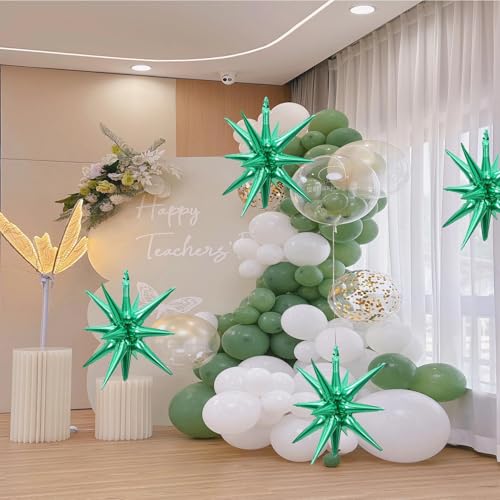 6 Pcs Green Star Foil Balloons One-Piece 14-Pointed Star Balloon 4D Cone Mylar 22inch Christmas Birthday Wedding Fireworks Shape Party Supplies (Green) - color: Green