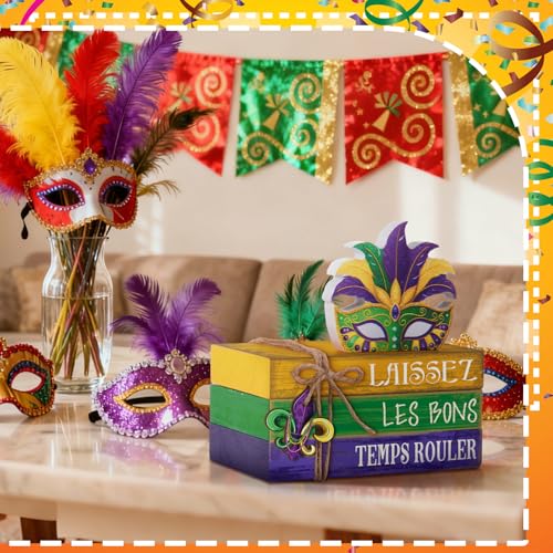 4 Pcs Mardi Gras Decorations for Home Mardi Gras Centerpieces Masquerade Masks Table Decorations Farmhouse Wooden Tabletop Blocks Sign for Rustic Tiered Tray Shelf Office Carnival - style: Carnival