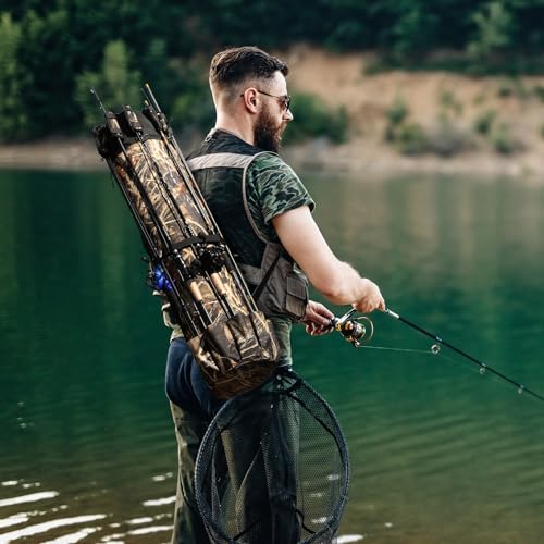 Fishing Pole Bag Rod Case, Folding Fishing Pole Bag Fishing Gear | 900D Oxford Fabric Fishing Pole Case, Large Capacity, Holds 5 Fishing Poles with Reels, Lightweight Fishing Gifts for Men Boy - color: Camouflage