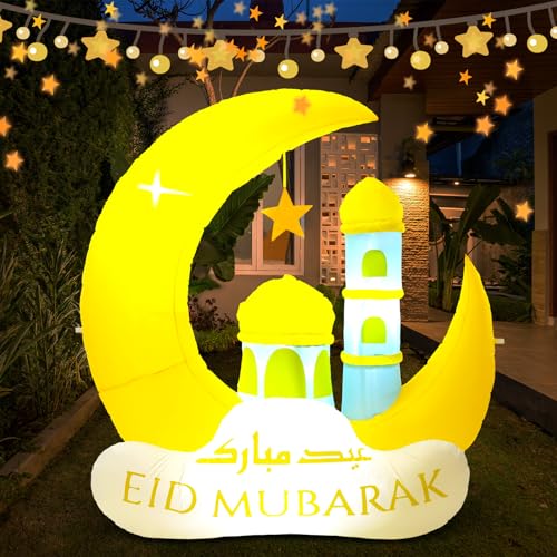 RoundFunny Ramadan Inflatable Outdoor Decorations Muslim Yard Decor with LED Lights Eid Mubarak Inflatables Islamic Blow Moon Castle for Celebrate Fasting Introspection Prayer