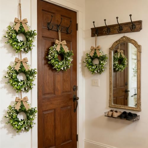 4 Pcs Small Spring Summer Hanging Wreaths for Cabinets Artificial Greenery Eucalyptus White Berry Mini Candle Ring Wreath with Foliage for Home Kitchen Front Door Window Porch Wall Wedding Decor