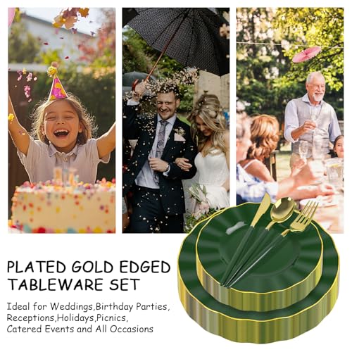 150Pcs Plastic Plates with Gold Rim,Heavy Duty Green Plates for 30 Guests,Plastic Dinnerware Set Include 30 Dinner Plate,30 Dessert Plate,90 Gold Cutlery Set for Party (Green) - color: Green