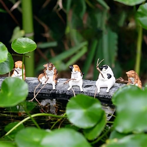 5 Pcs Cute Cat Fishing Figurines, Miniature Resin Ornaments for Fish Tank, Terrarium, Desk, Fairy Garden, Home Decor