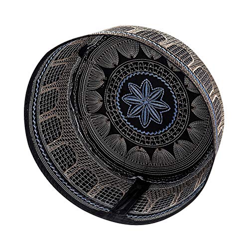 Islamic Men's Hat Men Muslim Prayer Kufi Hat Arabian Top Embroidered Men Hajj Mosque Headwear Beanie Skull Cap - color: Black-adult
