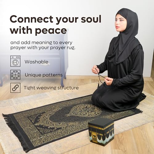 Taffeta Muslim Prayer Rug Set with Holy Quran & Kaaba Cubic Box | Lightweight Taffeta Rug, Kaaba Motif Holy Quran, Cubic Gift Box, 99 Prayer Beads, Islamic Janamaz Sajada, Eid Ramadan Gift - color: Prayer Rug/Holy Quran/Tasbih