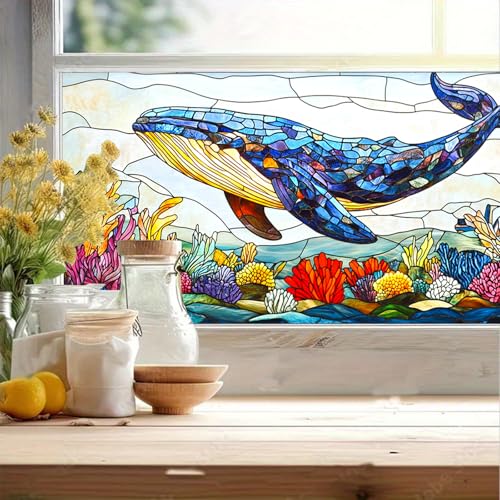 HOMETITUTE Whale Ocean Sea Life Privacy Window Film 39.3x17.7 Inch PVC - color: Animal Window Film#02