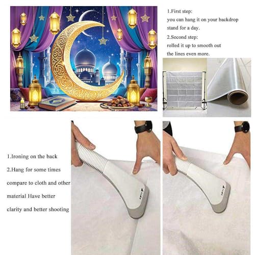 Eid Mubarak Banner Backdrop 8x6FT Purple Islamic Muslim Lantern Moon Star Castle Ramadan Photography Background Eid Mubarak Party Decorations Eid Al Fitr Party Supplies - size: 8x6FT:96'x72'