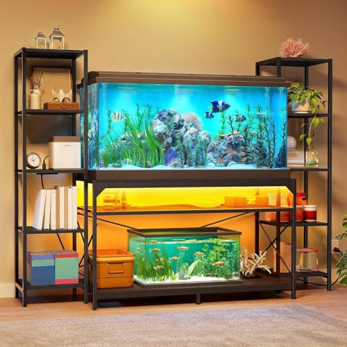 DWVO 55-75 Gallon Aquarium Stand with Power Outlets & LED Light | Display Stand for Turtle Tank, Reptile Terrarium, Heavy Duty Metal Fish Tank Stand Suitable for Living Room, Entryway - color: Black