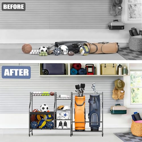 WALMANN Golf Bag Storage Rack with Wheels, Rolling Sports Equipment Organizer, Large Capacity Garage Storage Cart for Balls, Golf Bags - style: Rolling Stand for 2 Bags