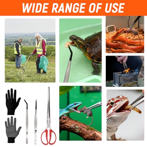 Feeding Tongs, Reptile Feeding Tongs for Snakes, Lizard, 3PCS Stainless Steel Tweezers with Gloves & Black Rubber Tips