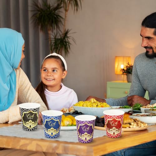 Whaline 40 Pcs Eid Mubarak Paper Cups 9 Oz 4 Color Eid Al-fitr Disposable Coffee Cups for Islamic Muslim Ramadan Holiday Party Supplies